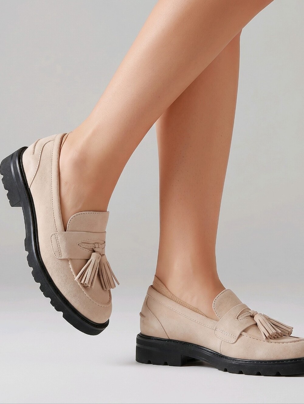 Stuart Weitzman Cream Suede Tassel Loafers with Black Sole